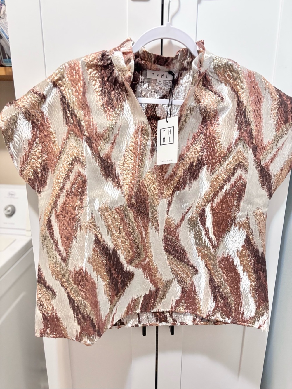 THML Metallic Abstract Print Blouse in Cream, Brown, Gold